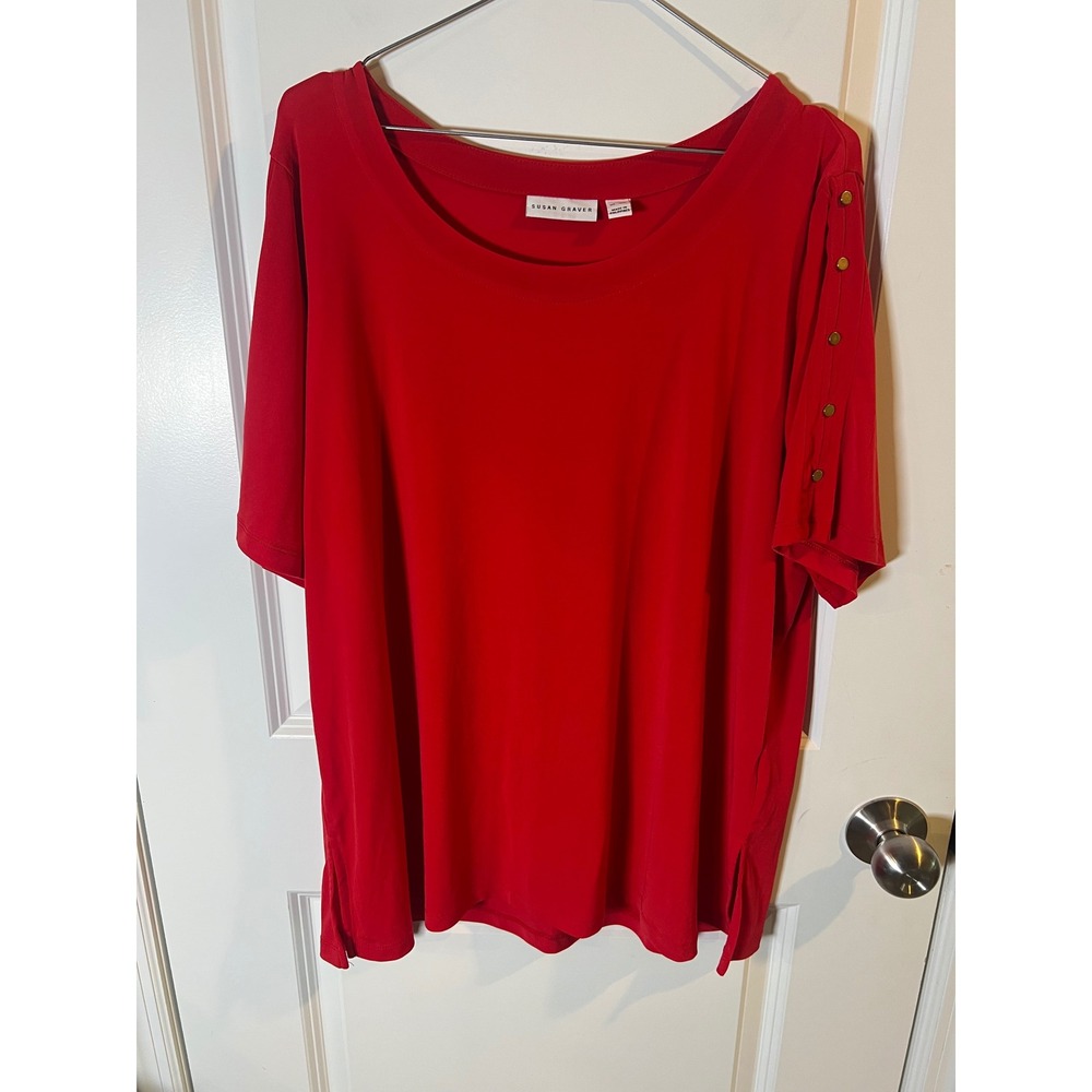 Susan Graver Womens Top Button Sleeve Detail Red XLP